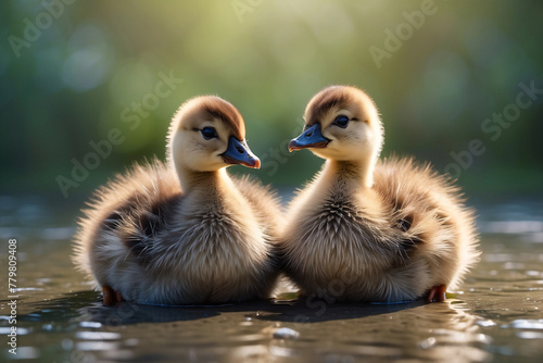 Newborn ducklings swimming in outdoor pond at sunset