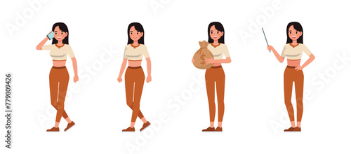 Set of businesswoman wear cream color shirt character vector design. Indian people working in office planning, thinking and economic analysis.