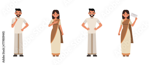 Set of smiling Indian Businessman and businesswoman character vector design. Presentation in various action. People working in office planning, thinking and economic analysis.