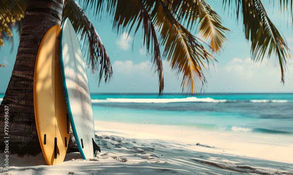 Surfboard and coconut tree on the beach with turquoise sea background.