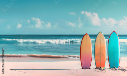 Surfboard on the beach with turquoise sea background.