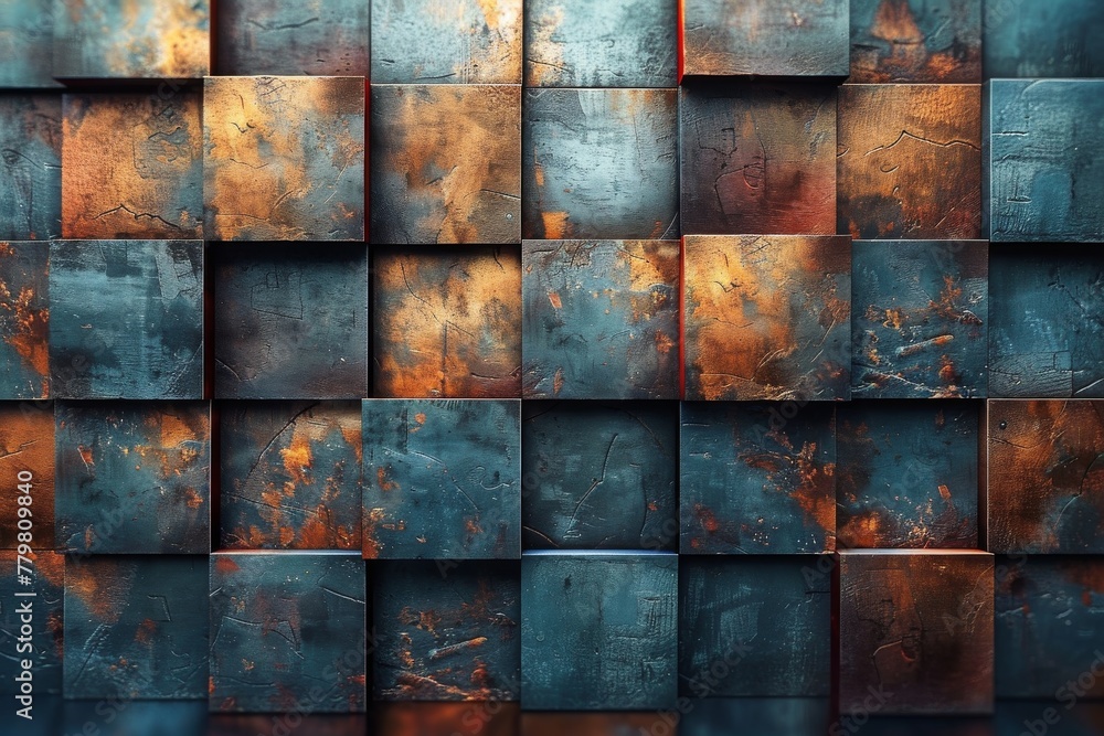 Vibrant rusted copper tiles pattern with hints of blue patina showing the beauty of corrosion and decay Vibrant rusted copper tiles pattern with hints of blue patina showing the beauty of corrosion and decay