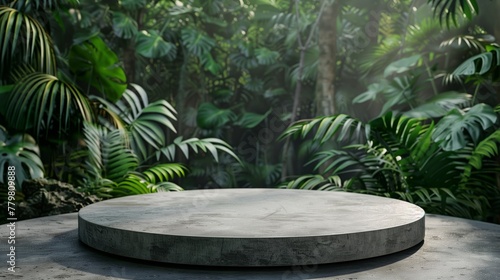 Circle stone podium product in a serene view of a misty tropical jungle, bathed in soft natural light with sunbeams filtering through the dense, lush green foliage.