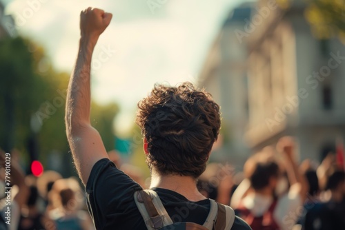 Back view of a person with raised fist participating in a vibrant street protest, symbolizing resistance and unity. © Victoriia