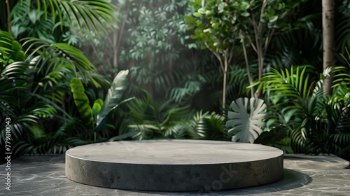 Circle stone podium product in a serene view of a misty tropical jungle, bathed in soft natural light with sunbeams filtering through the dense, lush green foliage.