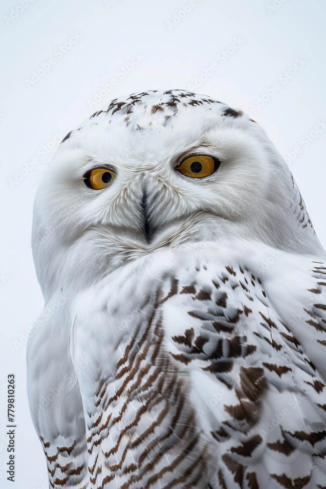 Obraz premium A white owl with yellow eyes is staring at the camera