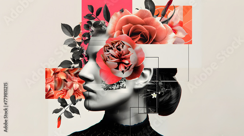 Collage art There are trade portraits with a red rose Illustration photo