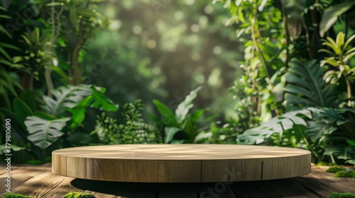 a serene wooden platform nestled within an enchanted forest clearing. Surrounded by lush greenery and dappled sunlight filtering through the dense canopy above.