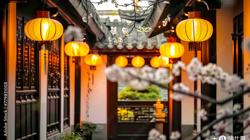 Southern-style Courtyard with tranquil, elegant and traditional cultural environment,in the style of romanticism, lanterns, Bokeh, foreground with Dangling a single plum blossom in the air