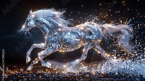 Graziosa statuetta di unicorno ornata di dettagli scintillanti e catturata in una posa dinamica su uno sfondo scuro illuminato da bokeh photo