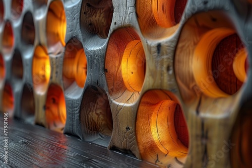 An array of wooden cylinders, arrayed perfectly, creating an organic, warm architectural detail photo