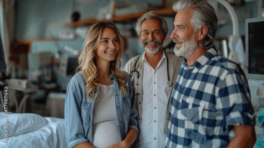 A pregnant woman and her partner in a hospital setting, with a doctor, during an ultrasound appointment to check on their baby. A pregnant woman and her partner in a hospital setting, with a doctor, during an ultrasound appointment to check on their baby.