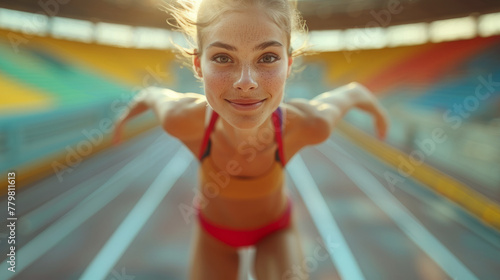 Close-up of a focused female high jumper with a determined look, preparing for her jump on a sunny day at the athletic stadium. photo