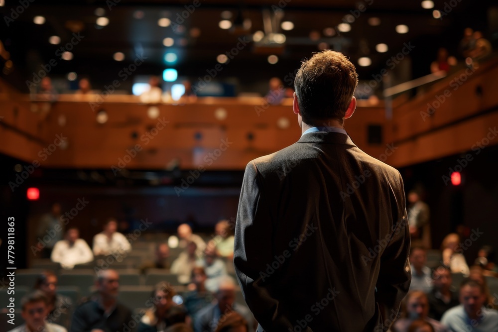 Focused businessman standing in front of a diverse audience at a professional conference event in a well-lit auditorium. Focused businessman standing in front of a diverse audience at a professional conference event in a well-lit auditorium.