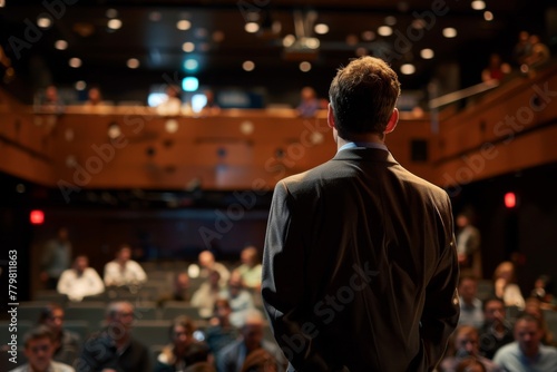 Focused businessman standing in front of a diverse audience at a professional conference event in a well-lit auditorium.