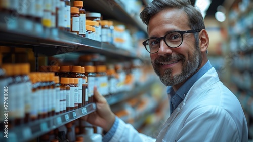 Portrait of a cheerful male pharmacist with glasses selecting medication on pharmacy shelves, conveying professionalism and trust. photo