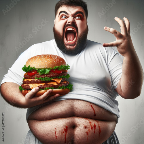 A shirtless overweight man with visible belly scars holding a gigantic burger, symbolizing overeating and obesity issues photo