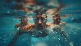 Three professional swimmers with goggles intensely trains underwater, showcasing determination and athleticism in a swimming pool.