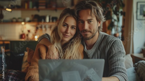 Happy, attractive couple embracing and looking at the camera while using a laptop together at home, managing their finances or shopping online. photo
