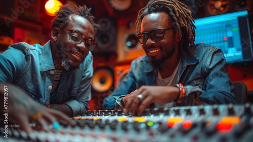 Two stylish african american music producers work on a mixing console in a modern recording studio, surrounded by high fidelity equipment.