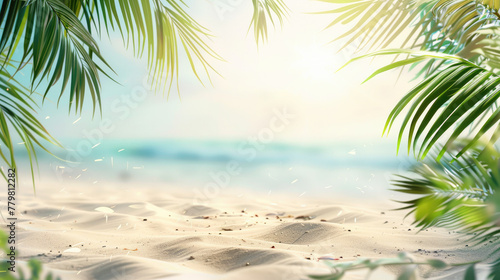 The serene beach scene peeks through lush palm branches under the bright summer sun