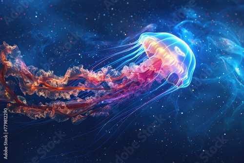 This image showcases a stunningly detailed jellyfish illuminated with vibrant colors against a moody oceanic backdrop, evoking both beauty and mystery