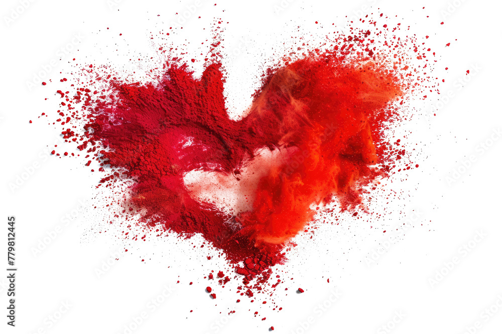 red powder explosion in heart shape isolated on white or transparent png