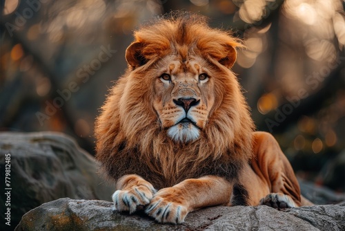 A captivating close-up shot of a powerful lion resting with a warm sunset light illuminating its mane and features