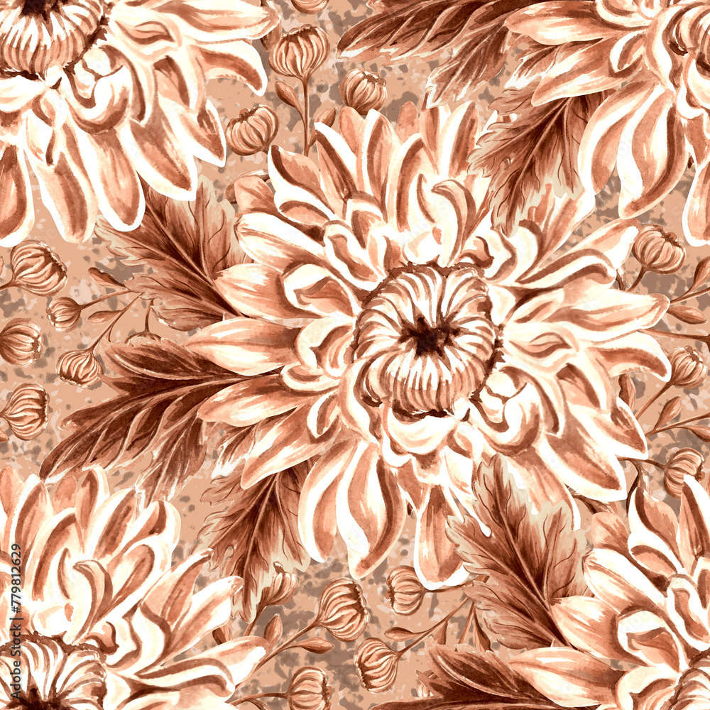 Seamless pattern monochrome from chrysanthemum flowers with leaves in vintage style. Hand drawn watercolor illustration brown color. Garden flowers. Template for wallpaper, scrapbooking, wrapping Seamless pattern monochrome from chrysanthemum flowers with leaves in vintage style. Hand drawn watercolor illustration brown color. Garden flowers. Template for wallpaper, scrapbooking, wrapping