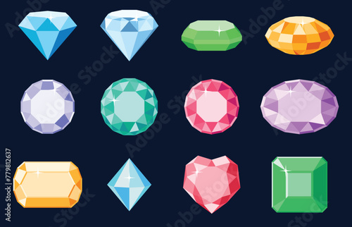 Precious stones of different colors. Jewelry. Beautiful bright decorations for costume jewelry. Vector illustration