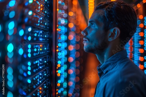 This image shows a technician focused on the management of modern data center server racks with a variety of colorful lights photo