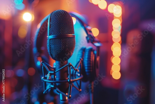 Professional microphone studio podcast stream interview platform radio with micrecording voice singing in bright record studio audio quality equipment content music media entertainment photo