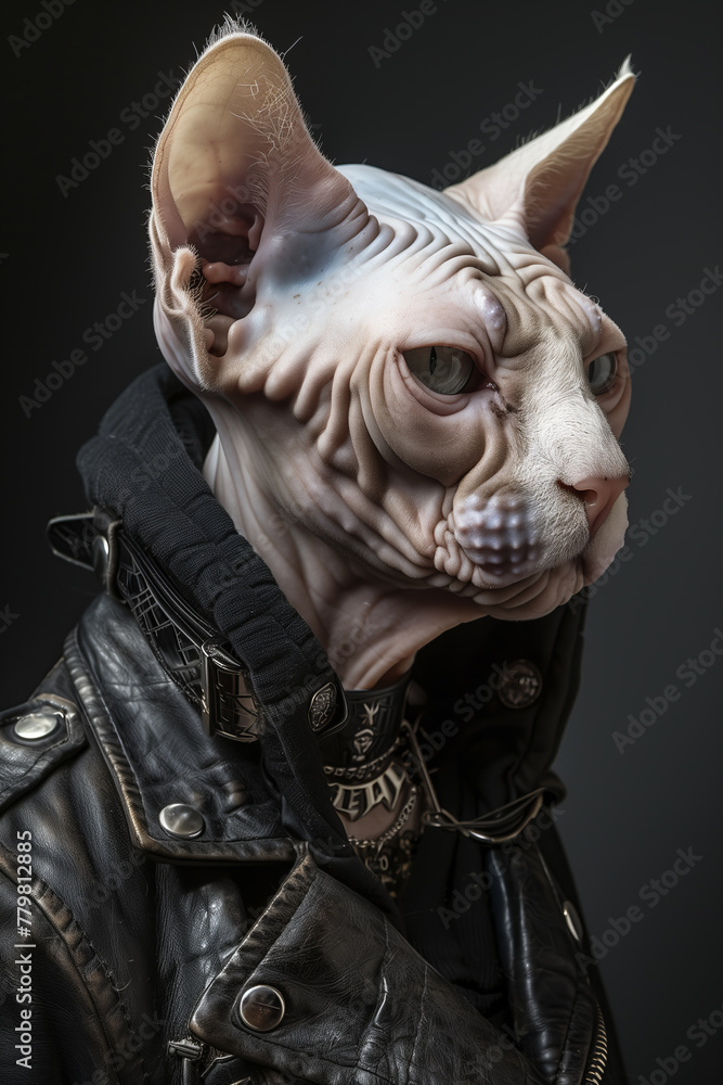 Naklejka premium Edgy Sphynx Cat Hybrid Portrait in Leather