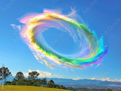 Rainbow tornado spiraling in a clear sky, bridging vibrant landscapes