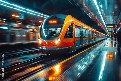 A vibrant, long exposure shot capturing the dynamic speed of a modern commuter train as it speeds through a sleek station