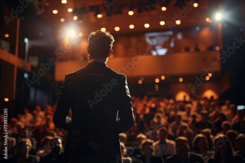Back view of a male speaker addressing an attentive audience in a large conference hall, conveying leadership and confidence.