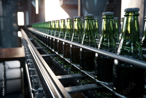 Rows of bottles travel along a conveyor line at a factory