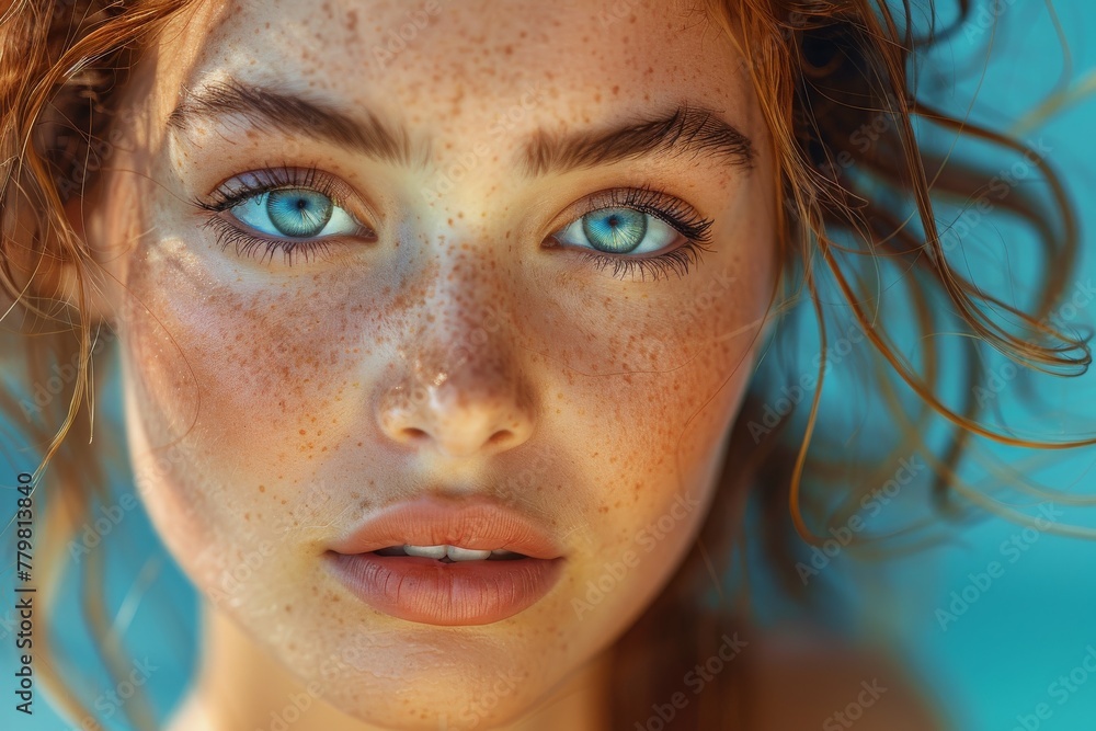 Detailed close-up portrait highlighting a woman's striking blue eyes and freckled skin under warm light