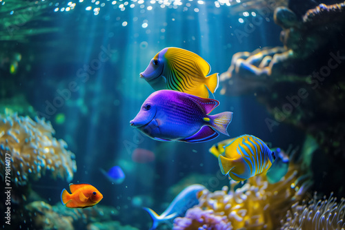 A group of colorful fish swimming in a tank