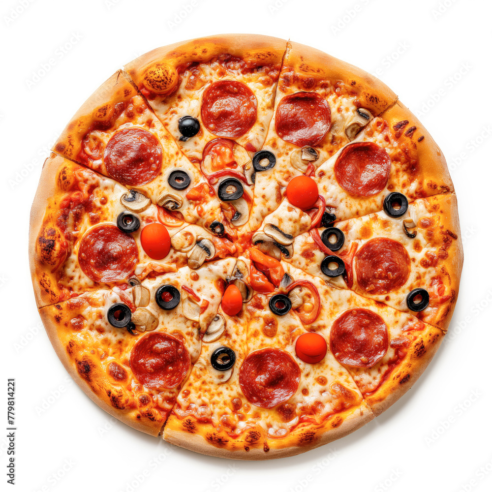 A pepperoni pizza on top. The pizza is round and has a lot of pepperoni slices