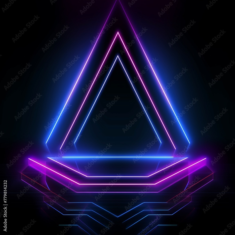 A neon blue and purple triangle is lit up in the dark A neon blue and purple triangle is lit up in the dark