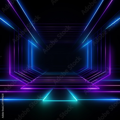 A dark room with neon lights and a large open space
