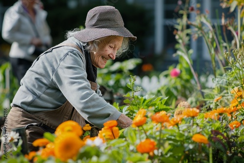 Senior Gardener Smiling Amongst Vibrant Orange Blooms © Ilia Nesolenyi