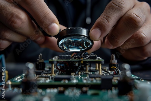 Technician Inspecting Electronic Components with Magnifier