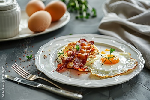 Classic Breakfast Setting with Sunny Side Up and Crispy Bacon