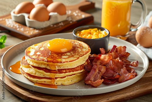 Delicious Breakfast Spread with Pancakes, Eggs, and Bacon