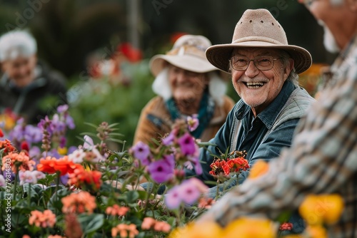 Elderly Friends Enjoying Gardening Together, Sunny Day