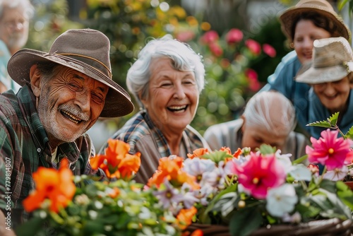 Joyful Seniors Sharing a Laugh Amidst Vibrant Flowers © Ilia Nesolenyi