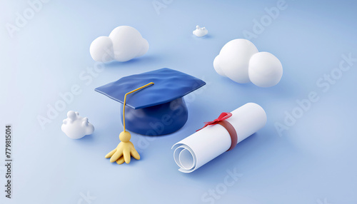3d rendering of graduation cap diploma graduation ceremony background
