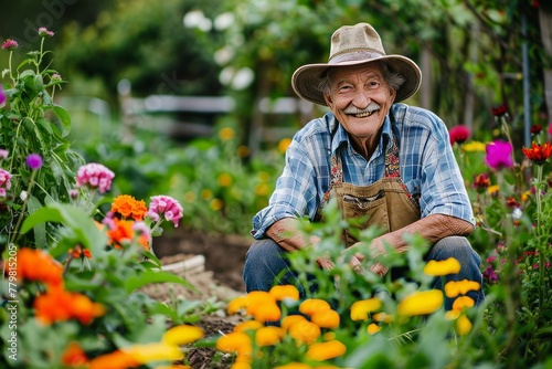 Joyous Elder Cultivating Blooms in a Lush Garden © Ilia Nesolenyi